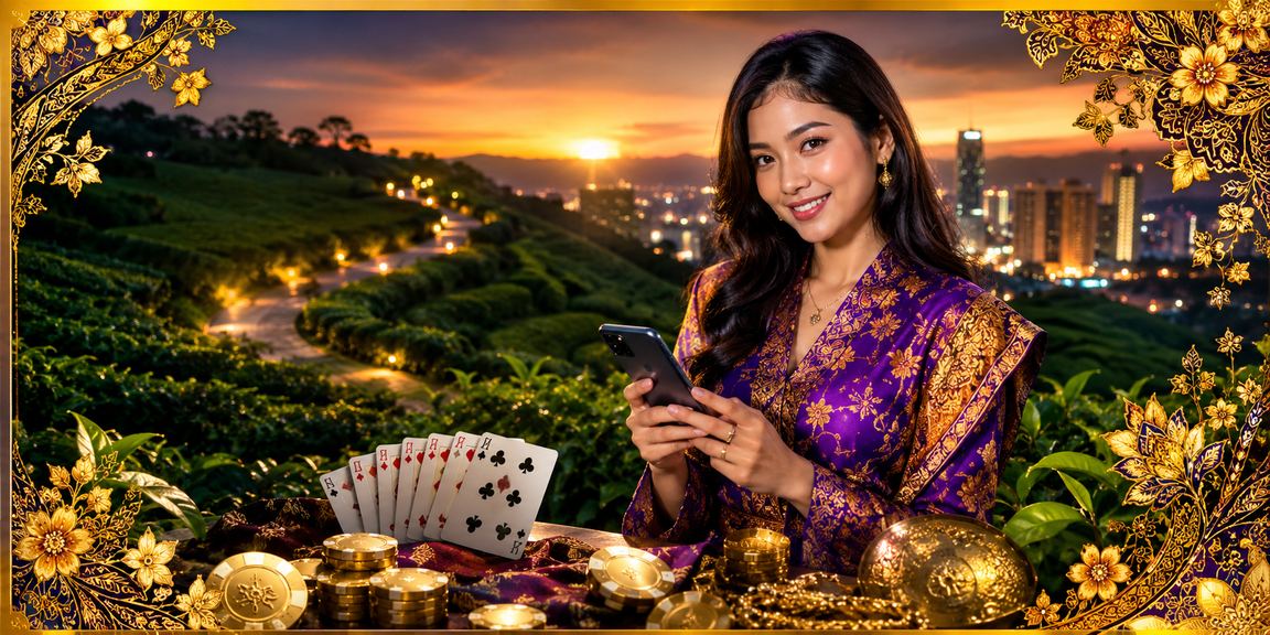 Pemain Malaysia menikmati permainan meja rummy dalam talian dengan pakaian batik tradisional